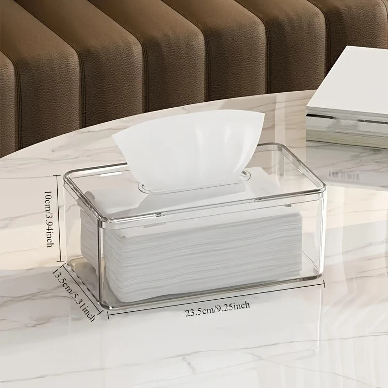 A Modern Transparent Acrylic Tissue Box Cover with a Minimalist Design, Featuring a Smooth Tissue Outlet, Suitable for Decorating Bathrooms And Living Rooms.