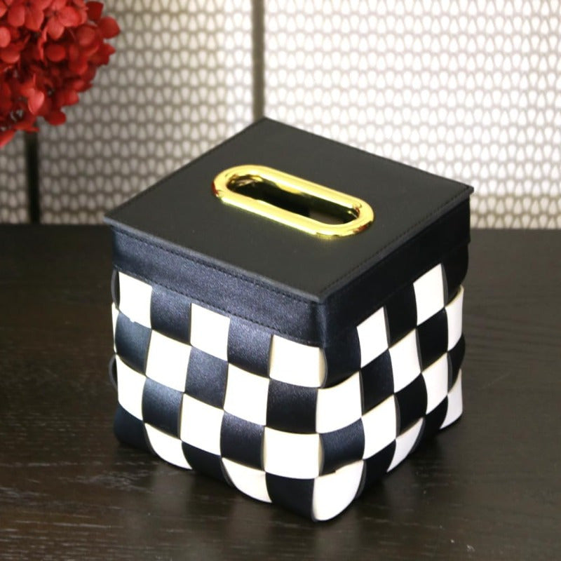 Modern Cube Tissue Box Cover - Black and White checkerboard, Farmhouse Decor with Golden Accent, Bathroom/Desk Organizer, Tissue Dispenser for Living Room, Bedroom, Office - Housewarming Gift, Bedroom Accessory, Contemporary Design, Durable Construction