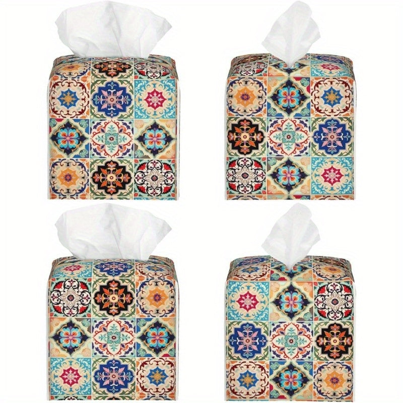 Vintage Ceramic Tile Tissue Box Cover - Ethnic Patchwork Cube Design, Durable & Stylish Organizer for Office, Kitchen, Car, Bathroom - Holds 8-12 Tissues, Easy-Clean Surface, Decorative Facial Paper Dispenser, Bathroom Organizers And Storage, Kitchen