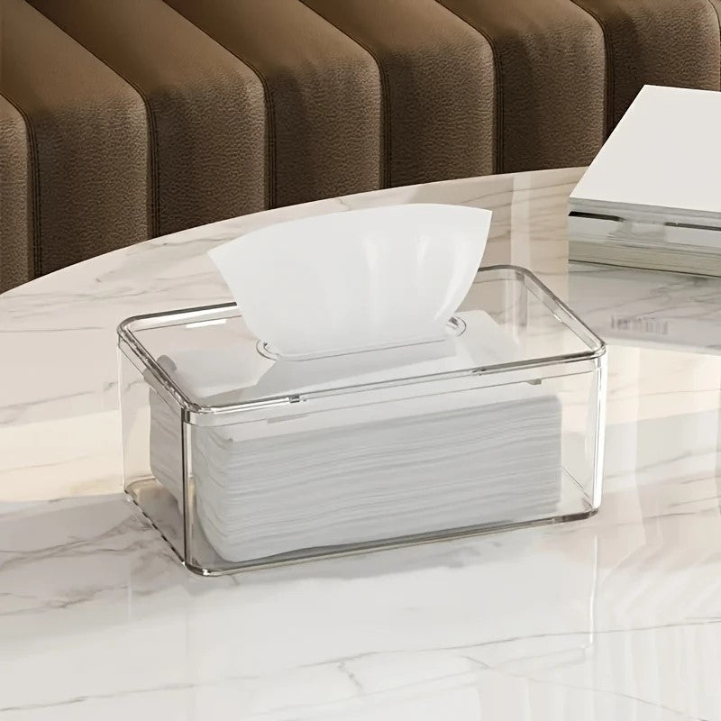 A Modern Transparent Acrylic Tissue Box Cover with a Minimalist Design, Featuring a Smooth Tissue Outlet, Suitable for Decorating Bathrooms And Living Rooms.