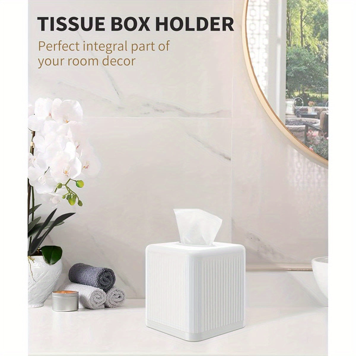 1pc Modern White Square Plastic Tissue Box Cover with Base - BPA-Free Decorative Cube Tissue Holder with Vertical Stripe Design, Easy-Open Base & Snug-Fit for Bathroom Vanity, Living Room, Bedroom, Office - Space-Saving Tissue Dispenser (5.5x5.5x6.0