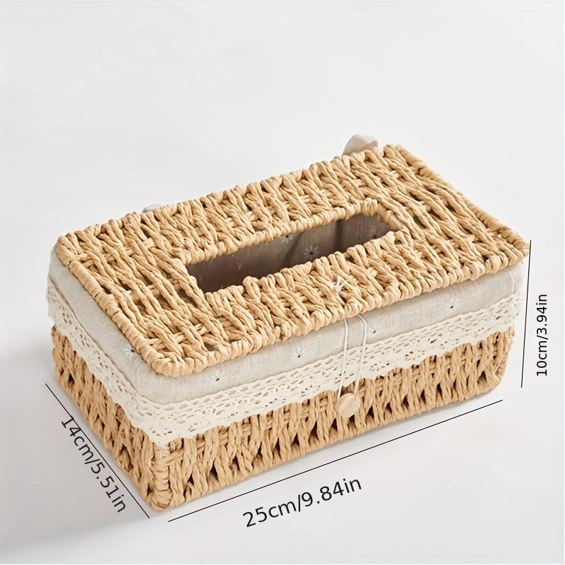 1pc Vintage Woven Tissue Box Cover with Lid - Durable Wicker-Style Rectangular Storage Organizer with Open Lid & Top, Beige/Brown Paper Rope Design for Living Room, Dining Room, Bathroom - Decorative & Functional Home Decor, Compatible with Modern &