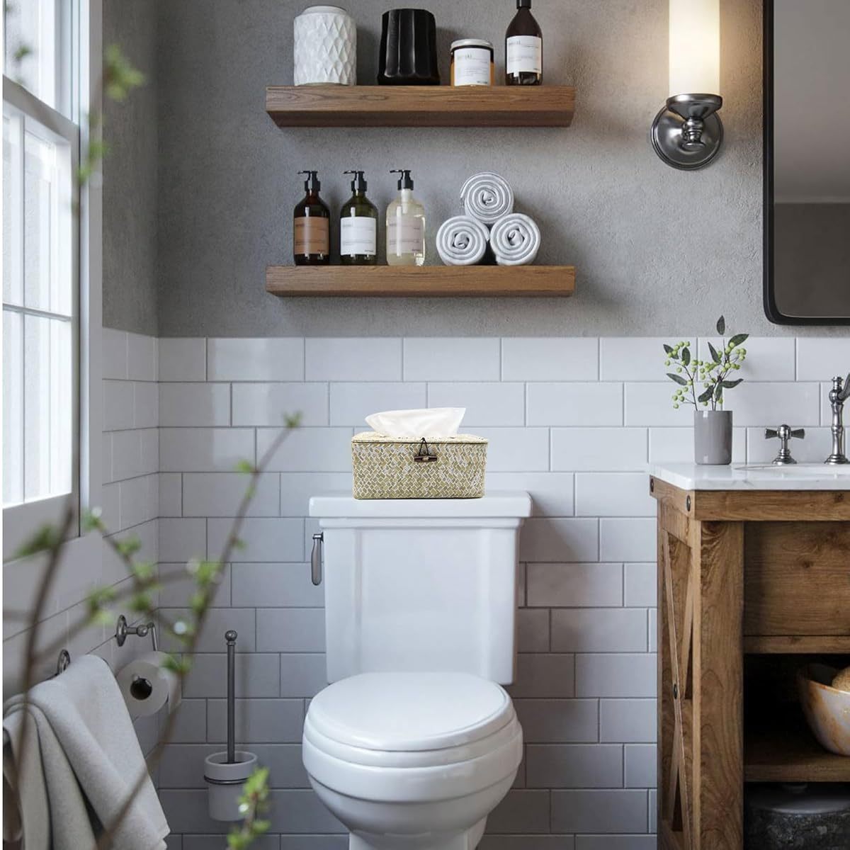 Tissue Box Cover Rectangle Seagrass Tissue Box, Woven Tissue Box Holder with Lid, Farmhouse Tissue Cover for Bathroom Toilet Living Room Bedroom Kitchen Table Desk Office, Whitewash