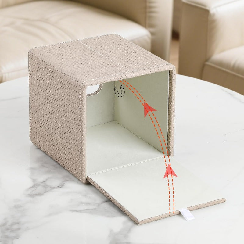 Modern Beige PU Leather Tissue Box Cover with Magnetic Closure - Square Woven Texture Design, Dust-Resistant Cube Holder for Bathroom Vanity, Bedroom Nightstand & Office - Fits Standard Tissues, Decorative Storage Organizer (No Clutter-Free Access)