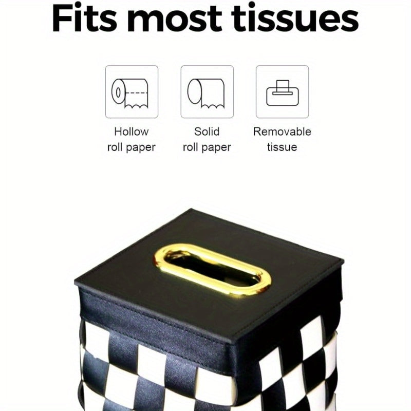 Modern Cube Tissue Box Cover - Black and White checkerboard, Farmhouse Decor with Golden Accent, Bathroom/Desk Organizer, Tissue Dispenser for Living Room, Bedroom, Office - Housewarming Gift, Bedroom Accessory, Contemporary Design, Durable Construction