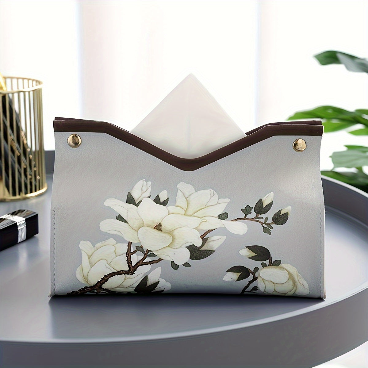 1pc Elegant Floral Printed PU Leather Tissue Box with Golden-Tone Hardware - White & Mint Green Rectangular Tissue Holder & Storage Organizer, Decorative Napkin Dispenser for Bathroom, Living Room, Bedroom Vanity Countertop - Durable & Easy-Clean Modern