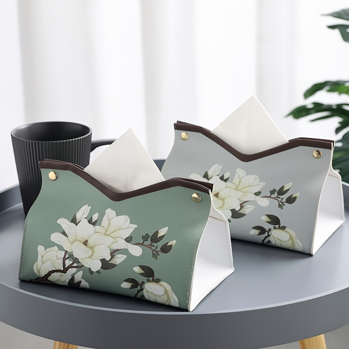 1pc Elegant Floral Printed PU Leather Tissue Box with Golden-Tone Hardware - White & Mint Green Rectangular Tissue Holder & Storage Organizer, Decorative Napkin Dispenser for Bathroom, Living Room, Bedroom Vanity Countertop - Durable & Easy-Clean Modern