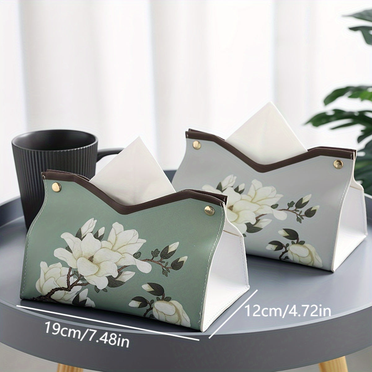 1pc Elegant Floral Printed PU Leather Tissue Box with Golden-Tone Hardware - White & Mint Green Rectangular Tissue Holder & Storage Organizer, Decorative Napkin Dispenser for Bathroom, Living Room, Bedroom Vanity Countertop - Durable & Easy-Clean Modern