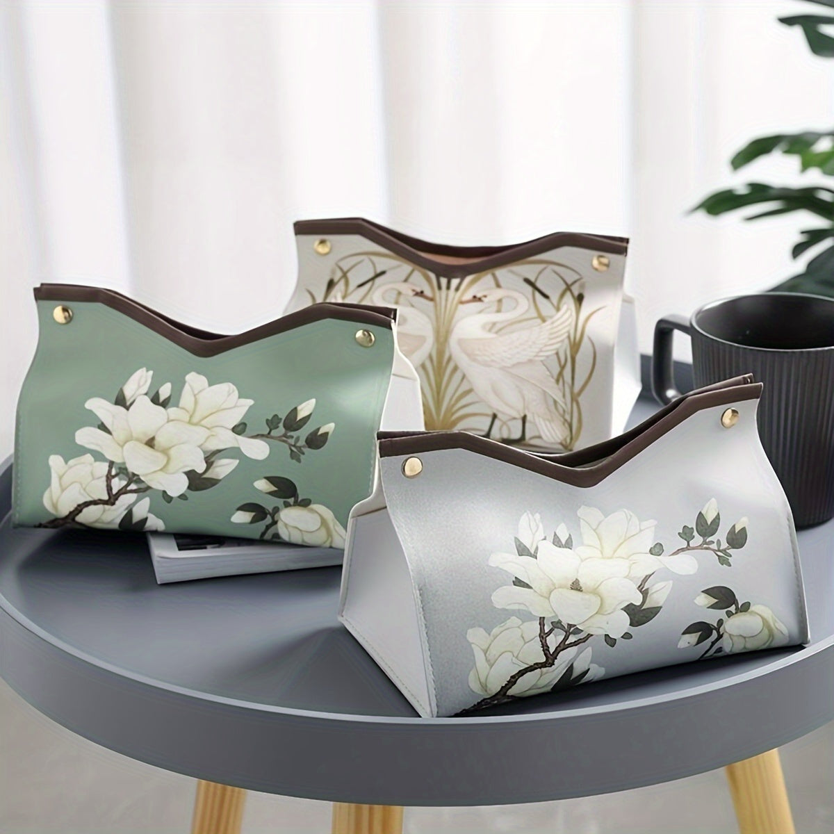 1pc Elegant Floral Printed PU Leather Tissue Box with Golden-Tone Hardware - White & Mint Green Rectangular Tissue Holder & Storage Organizer, Decorative Napkin Dispenser for Bathroom, Living Room, Bedroom Vanity Countertop - Durable & Easy-Clean Modern