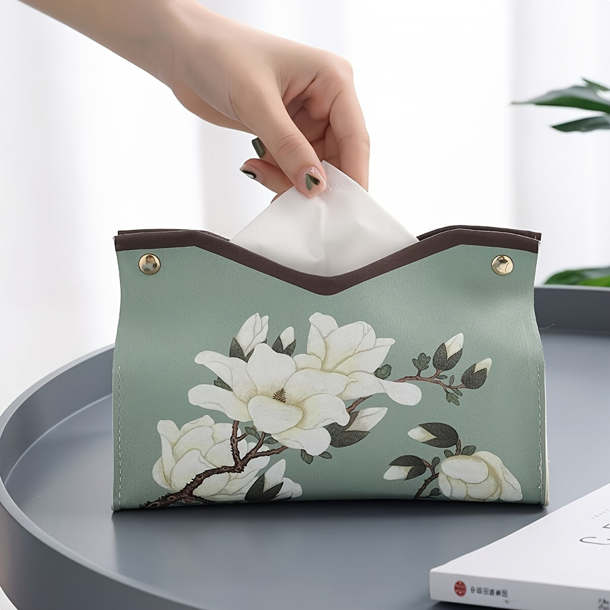 1pc Elegant Floral Printed PU Leather Tissue Box with Golden-Tone Hardware - White & Mint Green Rectangular Tissue Holder & Storage Organizer, Decorative Napkin Dispenser for Bathroom, Living Room, Bedroom Vanity Countertop - Durable & Easy-Clean Modern