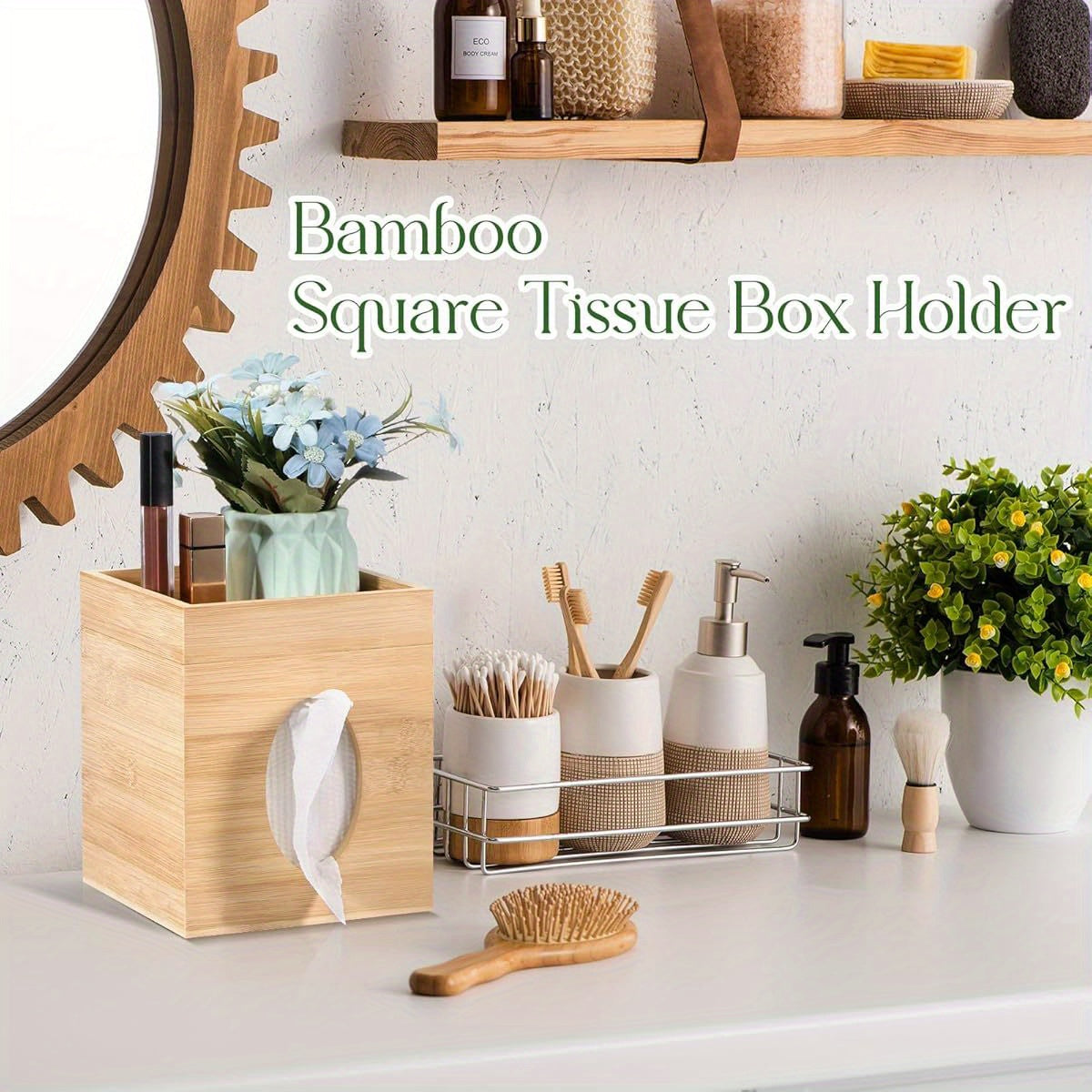 Bamboo Tissue Box Cover with Storage Tray - 6"x6"x7, 4" Square Plastic Holder for Bathroom, Bedroom, Office & Tabletop - Durable Rectangular Design with Secure Lid, Space-Saving Organizer for Tissues, Napkins & Small Items, Bathroom Organizers And