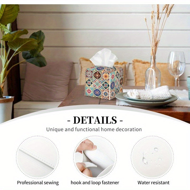 Vintage Ceramic Tile Tissue Box Cover - Ethnic Patchwork Cube Design, Durable & Stylish Organizer for Office, Kitchen, Car, Bathroom - Holds 8-12 Tissues, Easy-Clean Surface, Decorative Facial Paper Dispenser, Bathroom Organizers And Storage, Kitchen
