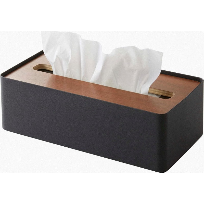Modern Rectangular Tissue Box Holder with Walnut Wood Lid - Steel Frame & Natural Wood Finish, Black & Brown Tissue Dispenser Organizer with Top Storage Shelf for Bathroom, Living Room, Office - Durable Metal & Wood Construction, Space-Saving Design,