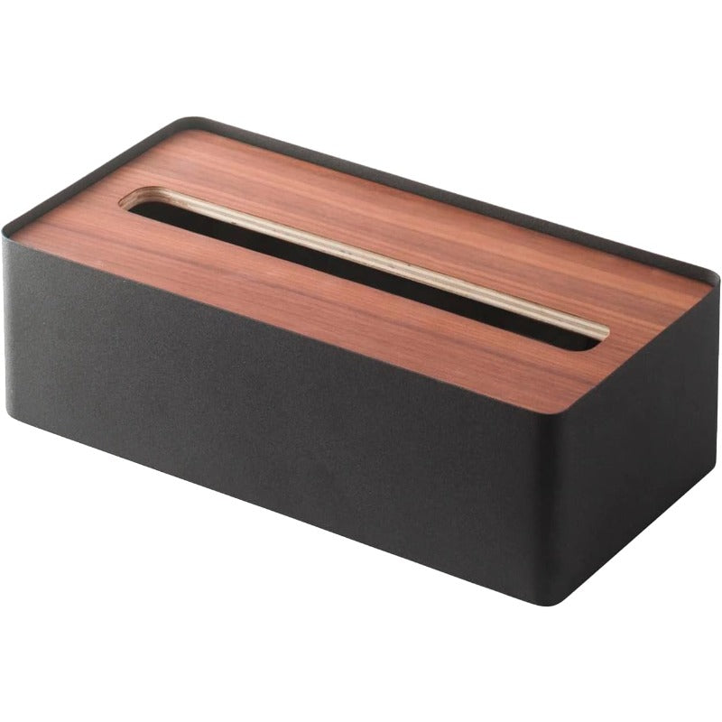 Modern Rectangular Tissue Box Holder with Walnut Wood Lid - Steel Frame & Natural Wood Finish, Black & Brown Tissue Dispenser Organizer with Top Storage Shelf for Bathroom, Living Room, Office - Durable Metal & Wood Construction, Space-Saving Design,