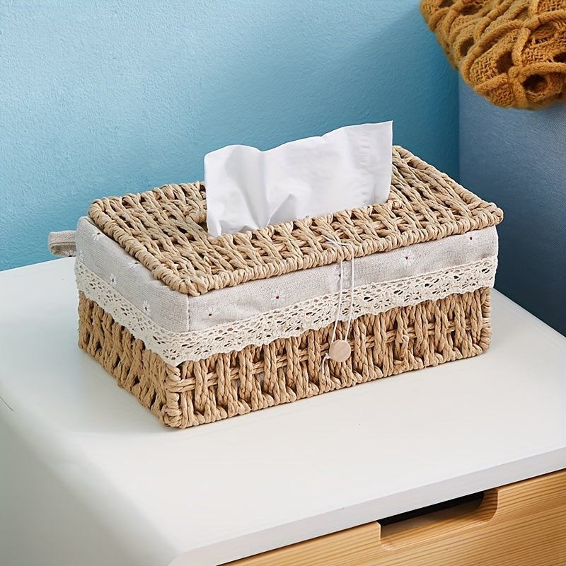 1pc Vintage Woven Tissue Box Cover with Lid - Durable Wicker-Style Rectangular Storage Organizer with Open Lid & Top, Beige/Brown Paper Rope Design for Living Room, Dining Room, Bathroom - Decorative & Functional Home Decor, Compatible with Modern &