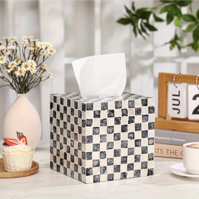 5.9 Inch Cube Tissue Box Cover - Elegant Black & White checkerboard pattern, Large Opening & Easy-Refill Design, Fits standard 5" tissue boxes - for Bathroom, Living Room, Office, Kitchen - Luxury Home Decor Organizer, Acacia Wood Construction