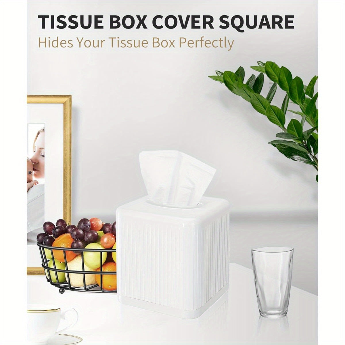 1pc Modern White Square Plastic Tissue Box Cover with Base - BPA-Free Decorative Cube Tissue Holder with Vertical Stripe Design, Easy-Open Base & Snug-Fit for Bathroom Vanity, Living Room, Bedroom, Office - Space-Saving Tissue Dispenser (5.5x5.5x6.0
