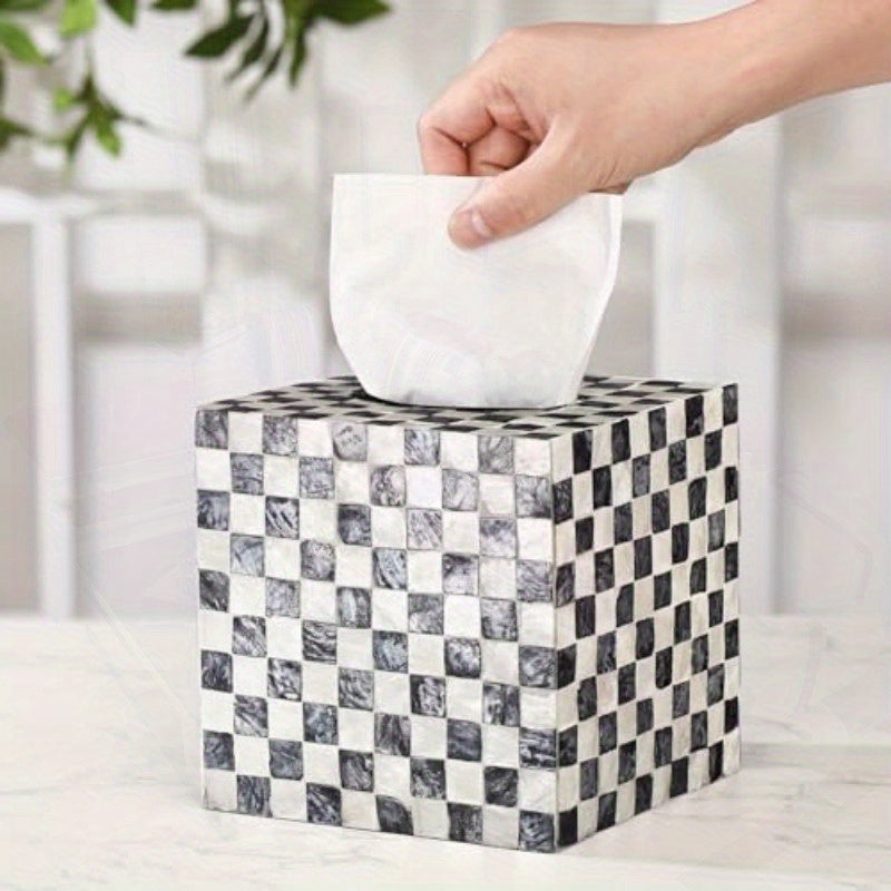 5.9 Inch Cube Tissue Box Cover - Elegant Black & White checkerboard pattern, Large Opening & Easy-Refill Design, Fits standard 5" tissue boxes - for Bathroom, Living Room, Office, Kitchen - Luxury Home Decor Organizer, Acacia Wood Construction