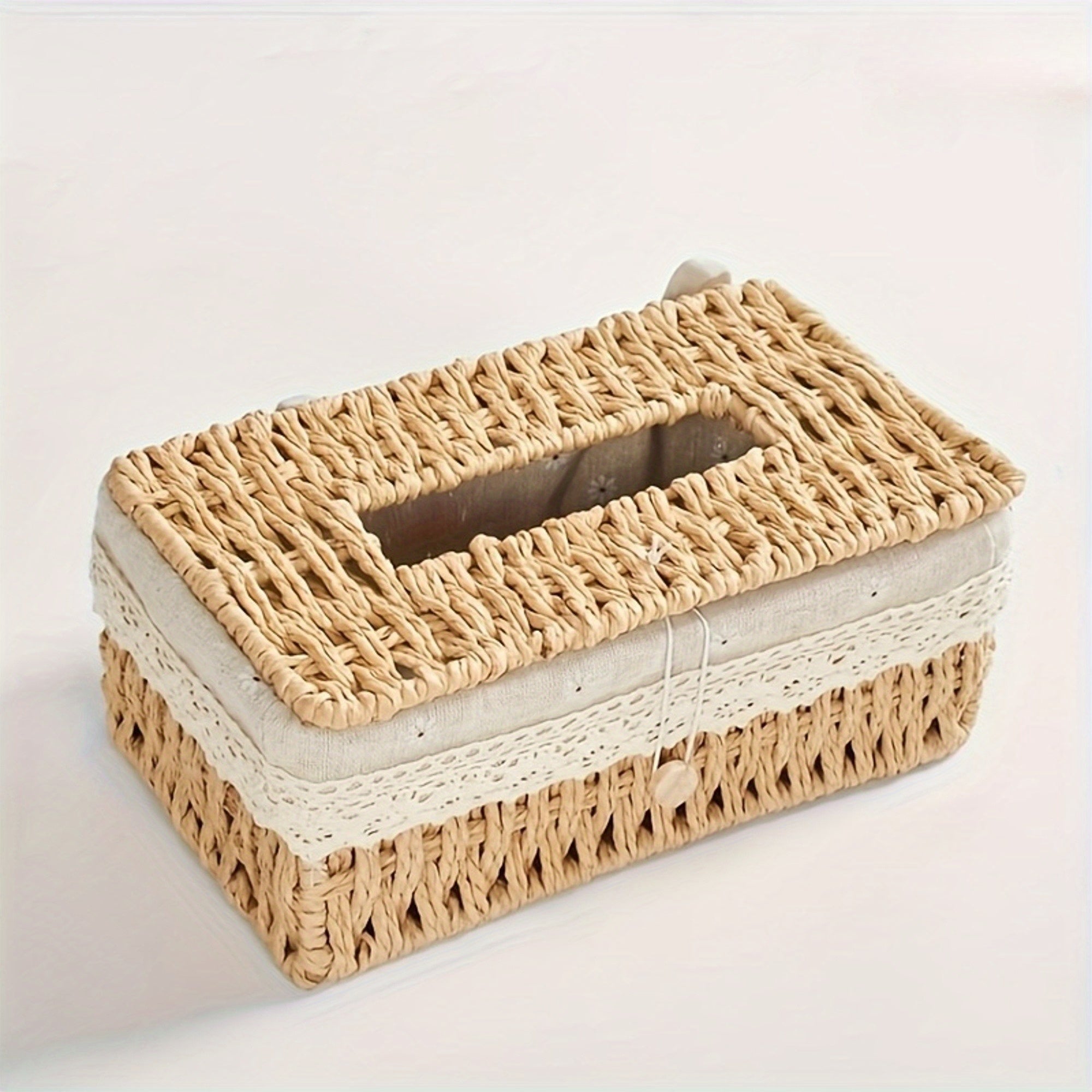 1pc Vintage Woven Tissue Box Cover with Lid - Durable Wicker-Style Rectangular Storage Organizer with Open Lid & Top, Beige/Brown Paper Rope Design for Living Room, Dining Room, Bathroom - Decorative & Functional Home Decor, Compatible with Modern &