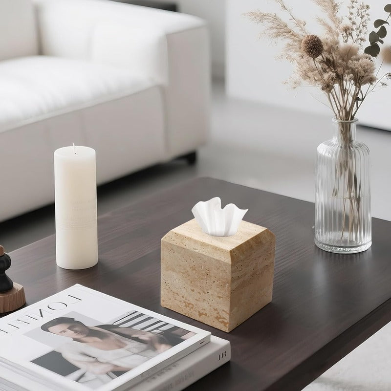 1pc Heavy Duty Natural Marble Tissue Box Holder & Toilet Paper Dispenser - Beige/Beige/ Brown/Gray/White - Elegant Marble Pattern, -Slip Base, One-Hand Opening, Fits Square Tissues - Ideal for Bathroom, Living Room, Office - Decorative Storage Organizer -