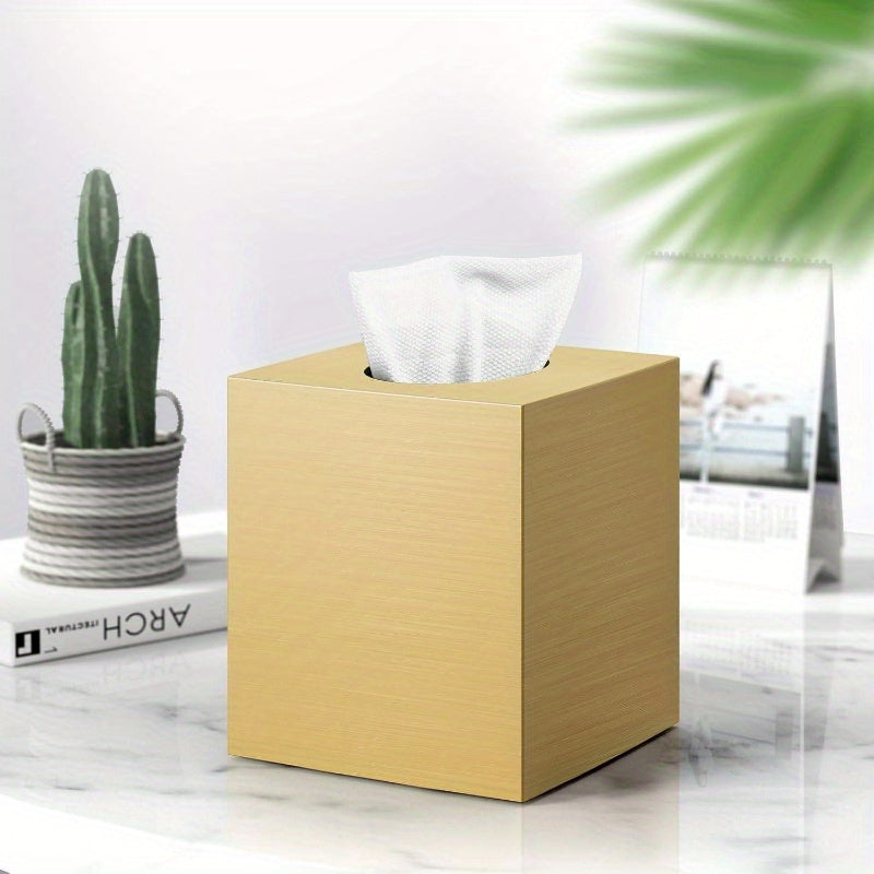 Modern Square Acrylic Tissue Box Cover & Holder - Golden Napkin Dispenser with White Interior, Glossy White & Golden Finish for Bathroom Vanity, Bedroom Dresser, Office Desk - Durable Decorative Storage Organizer, Space-Saving Design, Scratch-Resistant,