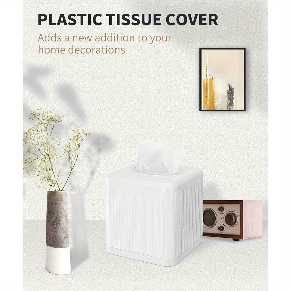 1pc Modern White Square Plastic Tissue Box Cover with Base - BPA-Free Decorative Cube Tissue Holder with Vertical Stripe Design, Easy-Open Base & Snug-Fit for Bathroom Vanity, Living Room, Bedroom, Office - Space-Saving Tissue Dispenser (5.5x5.5x6.0