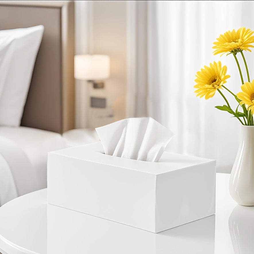 Modern Minimalist White Square Tissue Box Holder with Clear Lid - Durable Plastic Rectangular Storage Organizer with Rounded Corners & Open-Top Design for Bathroom, Office, Home, Hotel, Spa - Decorative & Functional Tissue Dispenser, Sleek Acrylic