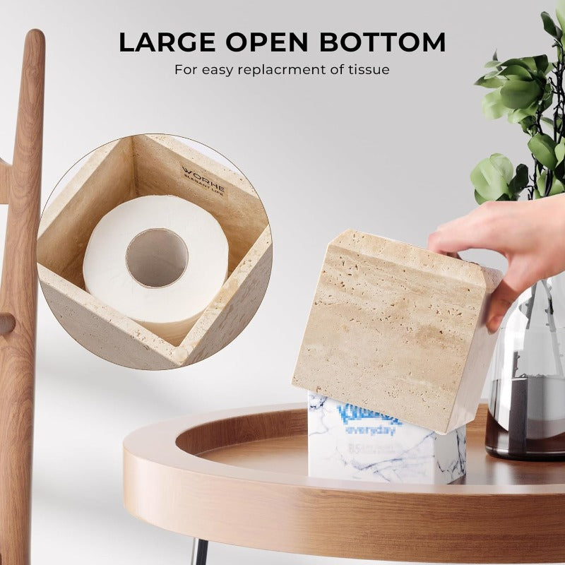 1pc Heavy Duty Natural Marble Tissue Box Holder & Toilet Paper Dispenser - Beige/Beige/ Brown/Gray/White - Elegant Marble Pattern, -Slip Base, One-Hand Opening, Fits Square Tissues - Ideal for Bathroom, Living Room, Office - Decorative Storage Organizer -