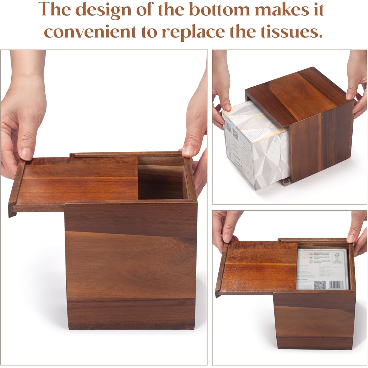 Acacia Wood-Style Plastic Tissue Box Cover - Square Decorative Cube Holder with Natural Grain Finish, 5.3x5.3x5.9 Inches, Moisture-Resistant for Bathroom, Living Room & Dining Table Decor