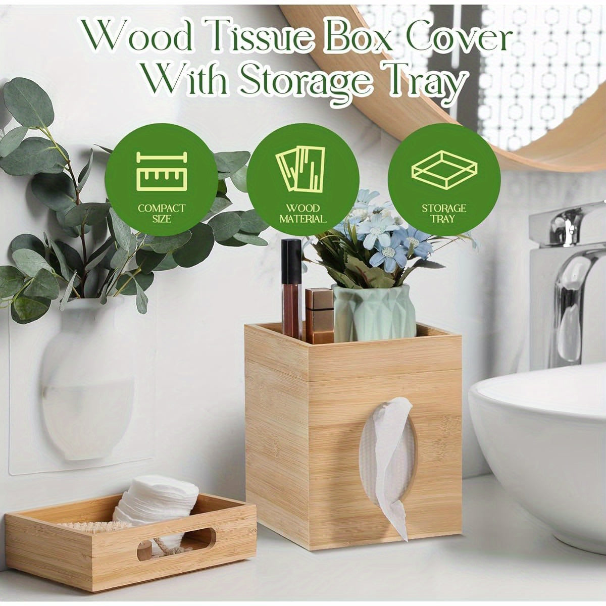 Bamboo Tissue Box Cover with Storage Tray - Square 6"x6"x7.4" Durable Plastic Holder for Bathroom, Bedroom, Office & Tabletop - High-Quality, Easy-Clean Design, Bathroom Organizer, Natural Aesthetic, Smooth Texture