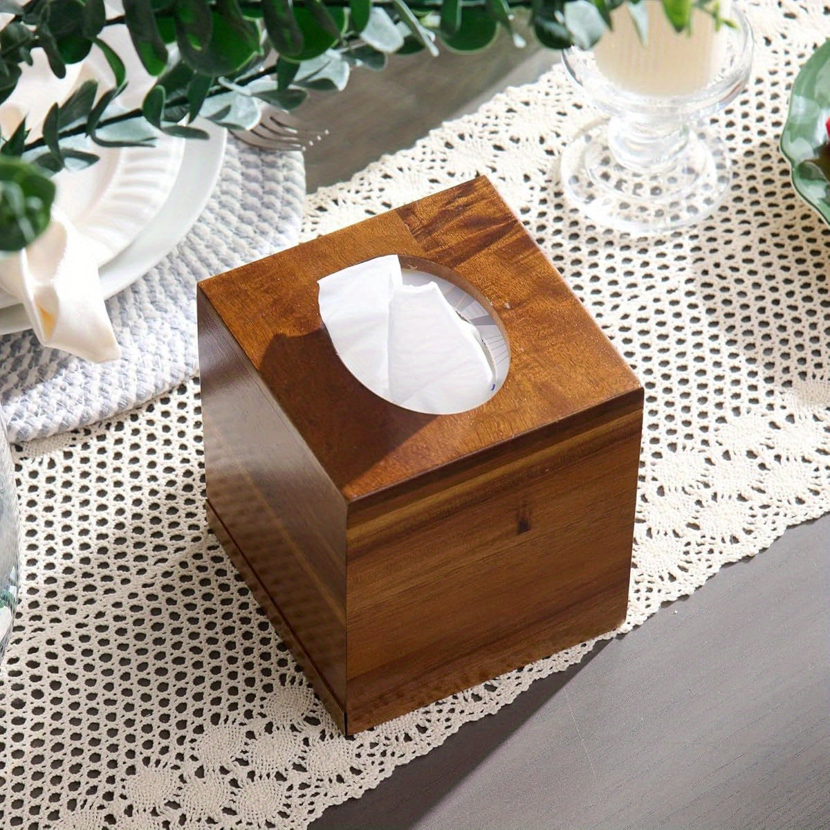Acacia Wood-Style Plastic Tissue Box Cover - Square Decorative Cube Holder with Natural Grain Finish, 5.3x5.3x5.9 Inches, Moisture-Resistant for Bathroom, Living Room & Dining Table Decor