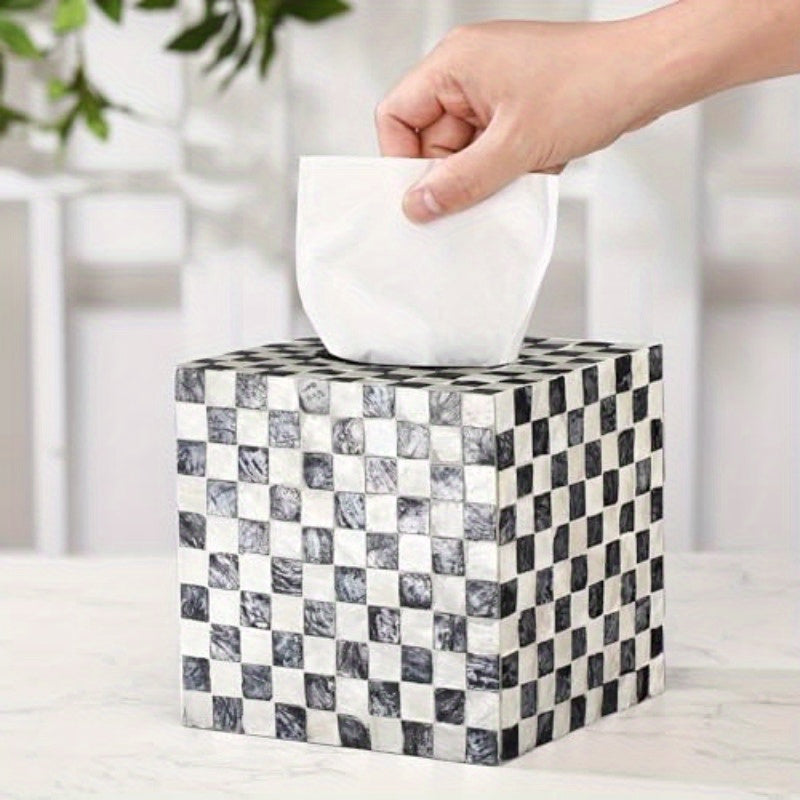 5.9 Inch Cube Tissue Box Cover - Elegant Black & White checkerboard pattern, Large Opening & Easy-Refill Design, Fits standard 5" tissue boxes - for Bathroom, Living Room, Office, Kitchen - Luxury Home Decor Organizer, Acacia Wood Construction