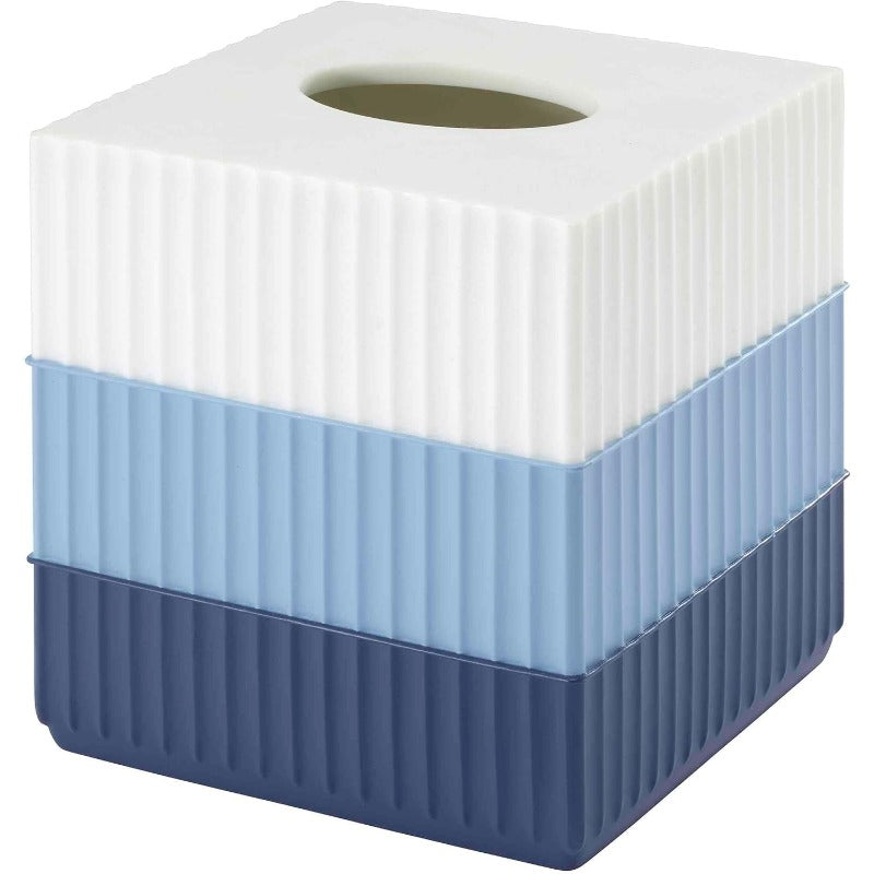 1pc Modern Resin Tissue Box Cover - Elegant White & Blue Horizontal Striped Bathroom Storage with Rounded Lid, Durable & Easy-Clean Design, Compatible with Standard Tissues, Decorative Organizer for Countertop, Dorm, or Bathroom Decor (Light