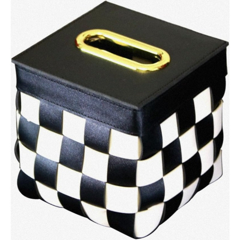 Modern Cube Tissue Box Cover - Black and White checkerboard, Farmhouse Decor with Golden Accent, Bathroom/Desk Organizer, Tissue Dispenser for Living Room, Bedroom, Office - Housewarming Gift, Bedroom Accessory, Contemporary Design, Durable Construction