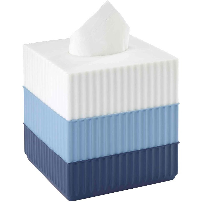 1pc Modern Resin Tissue Box Cover - Elegant White & Blue Horizontal Striped Bathroom Storage with Rounded Lid, Durable & Easy-Clean Design, Compatible with Standard Tissues, Decorative Organizer for Countertop, Dorm, or Bathroom Decor (Light