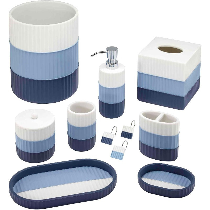 1pc Modern Resin Tissue Box Cover - Elegant White & Blue Horizontal Striped Bathroom Storage with Rounded Lid, Durable & Easy-Clean Design, Compatible with Standard Tissues, Decorative Organizer for Countertop, Dorm, or Bathroom Decor (Light