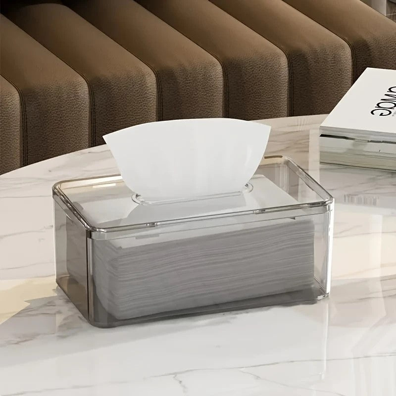 A Modern Transparent Acrylic Tissue Box Cover with a Minimalist Design, Featuring a Smooth Tissue Outlet, Suitable for Decorating Bathrooms And Living Rooms.