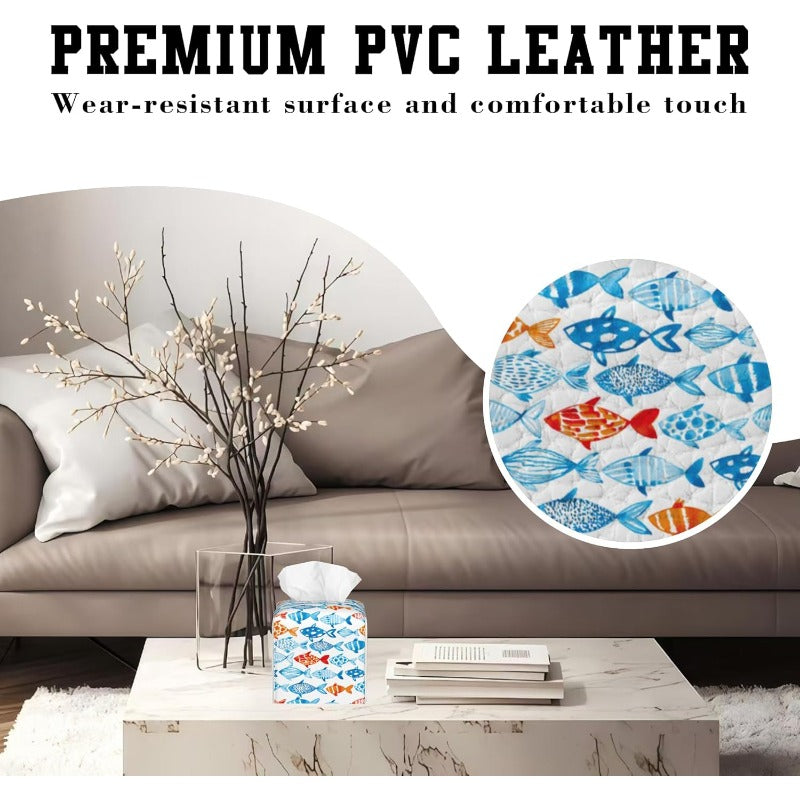 Modern Fish Design Tissue Box Holder - High Quality & Stain-Resistant PVC Leather Square Cube Cover with Blue, Orange, Red, White, Black, Gray, Pink, Brown Fish Pattern - Fits Bathroom, Living Room, Kitchen, Office - Decorative Storage Organizer for