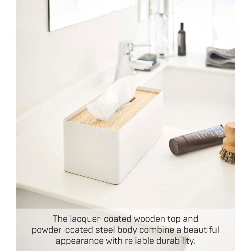 Home Rin Modern White & Natural Wood-Like Tissue Box Cover with Steel Frame & Wood Lid - Reusable Round Bathroom/Kitchen Tissue Holder, Space-Saving Design, Durable Metal Construction, Decorative Storage Case for Tissues, Fits Standard Roll (No