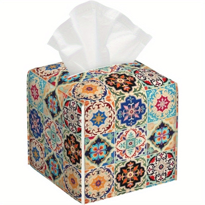 Vintage Ceramic Tile Tissue Box Cover - Ethnic Patchwork Cube Design, Durable & Stylish Organizer for Office, Kitchen, Car, Bathroom - Holds 8-12 Tissues, Easy-Clean Surface, Decorative Facial Paper Dispenser, Bathroom Organizers And Storage, Kitchen