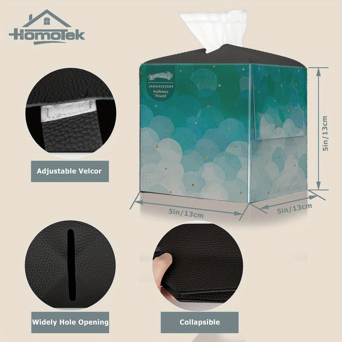 2 Pack Tissue Box Cover, Square Faux Leather Tissue Holder, Decorative Facial Tissue Cube Paper Organizer Dispenser for Bathroom, Night Stands, Desk, Car 5X5X5' ' - Matte Black, Pebble Grain