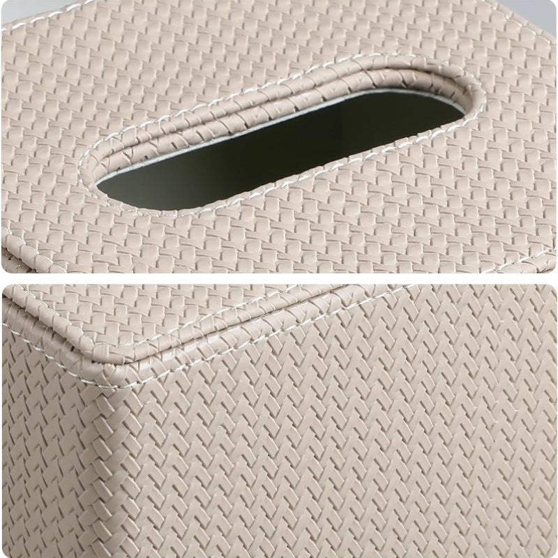 Modern Beige PU Leather Tissue Box Cover with Magnetic Closure - Square Woven Texture Design, Dust-Resistant Cube Holder for Bathroom Vanity, Bedroom Nightstand & Office - Fits Standard Tissues, Decorative Storage Organizer (No Clutter-Free Access)