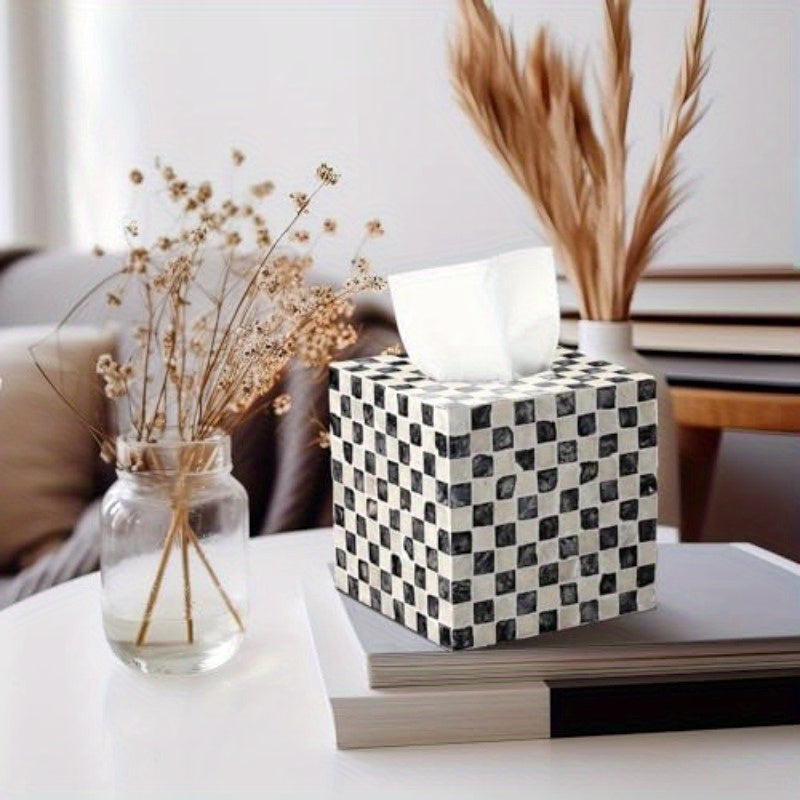 5.9 Inch Cube Tissue Box Cover - Elegant Black & White checkerboard pattern, Large Opening & Easy-Refill Design, Fits standard 5" tissue boxes - for Bathroom, Living Room, Office, Kitchen - Luxury Home Decor Organizer, Acacia Wood Construction