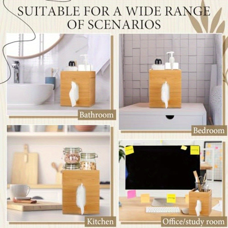 Natural Bamboo Tissue Box Cover with Removable Storage Tray - Decorative Cube Organizer with Vertical Slats Design, Fits Standard 6x6 Tissues, Rustic Modern Holder for Bathroom, Bedroom, Office - Space-Saving Storage (7.4”H)