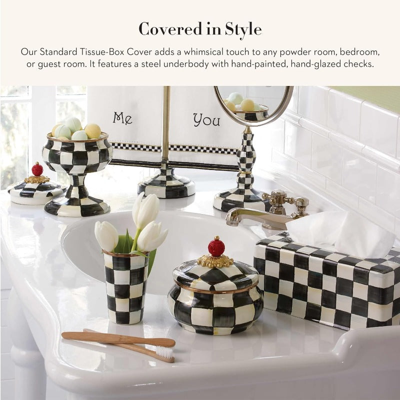 Round Tissue Box Cover with Black & White Checkered Pattern - Elegant Courtly Check Design, Durable Tissue Holder for Bathroom & Home Decor, Fits Standard Tissues, Decorative Storage Organizer for Living Room, Kitchen, Office - Easy-Clean Surface, Tissue