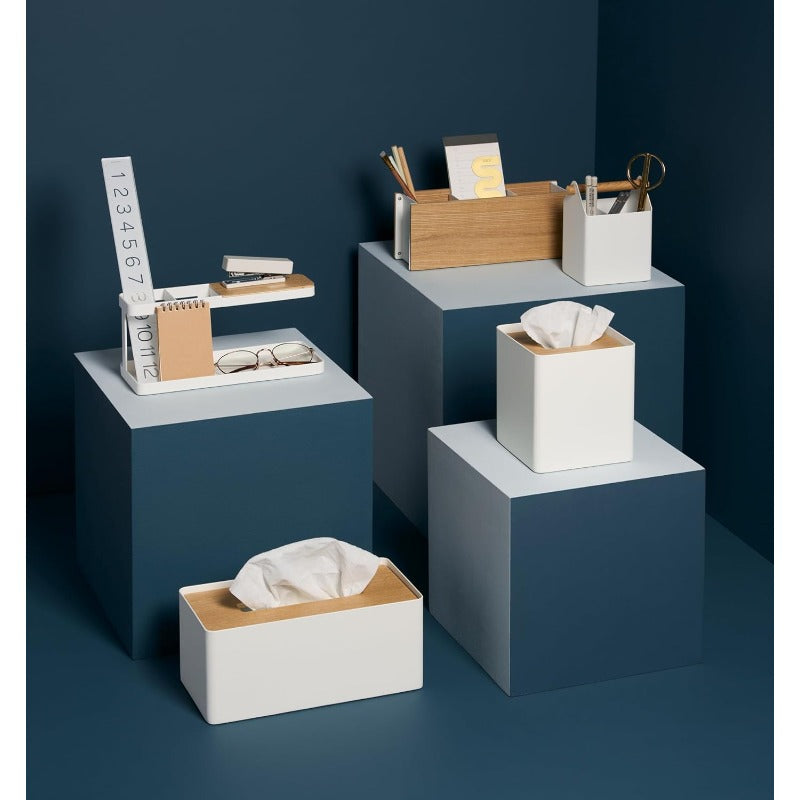 Home Rin Modern White & Natural Wood-Like Tissue Box Cover with Steel Frame & Wood Lid - Reusable Round Bathroom/Kitchen Tissue Holder, Space-Saving Design, Durable Metal Construction, Decorative Storage Case for Tissues, Fits Standard Roll (No