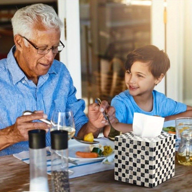 5.9 Inch Cube Tissue Box Cover - Elegant Black & White checkerboard pattern, Large Opening & Easy-Refill Design, Fits standard 5" tissue boxes - for Bathroom, Living Room, Office, Kitchen - Luxury Home Decor Organizer, Acacia Wood Construction