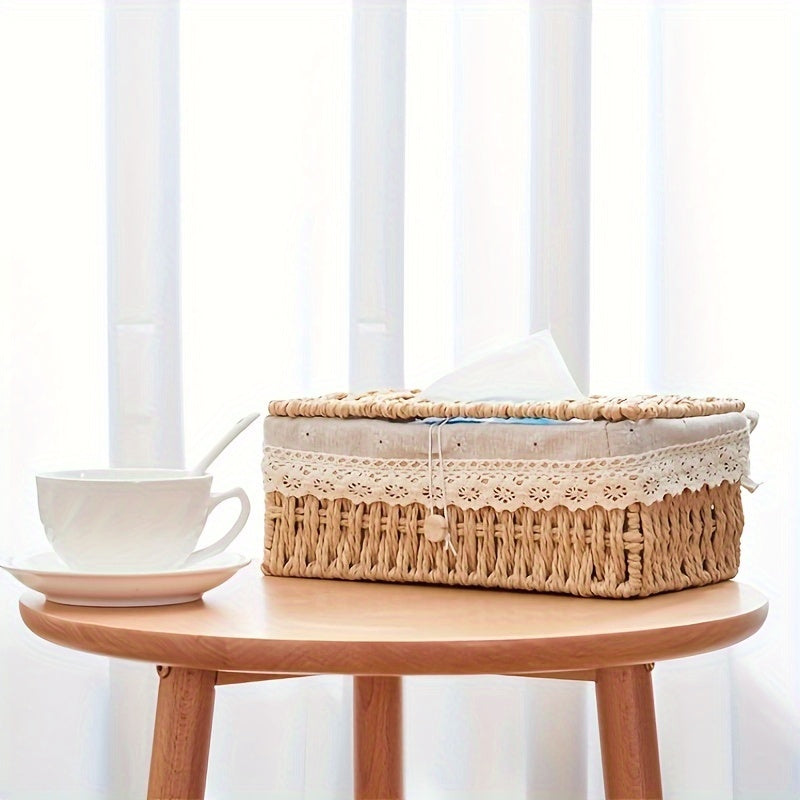 1pc Vintage Woven Tissue Box Cover with Lid - Durable Wicker-Style Rectangular Storage Organizer with Open Lid & Top, Beige/Brown Paper Rope Design for Living Room, Dining Room, Bathroom - Decorative & Functional Home Decor, Compatible with Modern &
