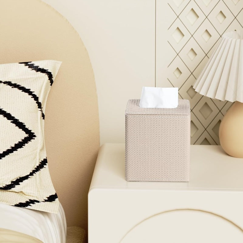 Modern Beige PU Leather Tissue Box Cover with Magnetic Closure - Square Woven Texture Design, Dust-Resistant Cube Holder for Bathroom Vanity, Bedroom Nightstand & Office - Fits Standard Tissues, Decorative Storage Organizer (No Clutter-Free Access)