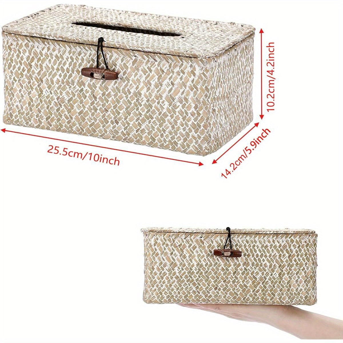 Tissue Box Cover Rectangle Seagrass Tissue Box, Woven Tissue Box Holder with Lid, Farmhouse Tissue Cover for Bathroom Toilet Living Room Bedroom Kitchen Table Desk Office, Whitewash